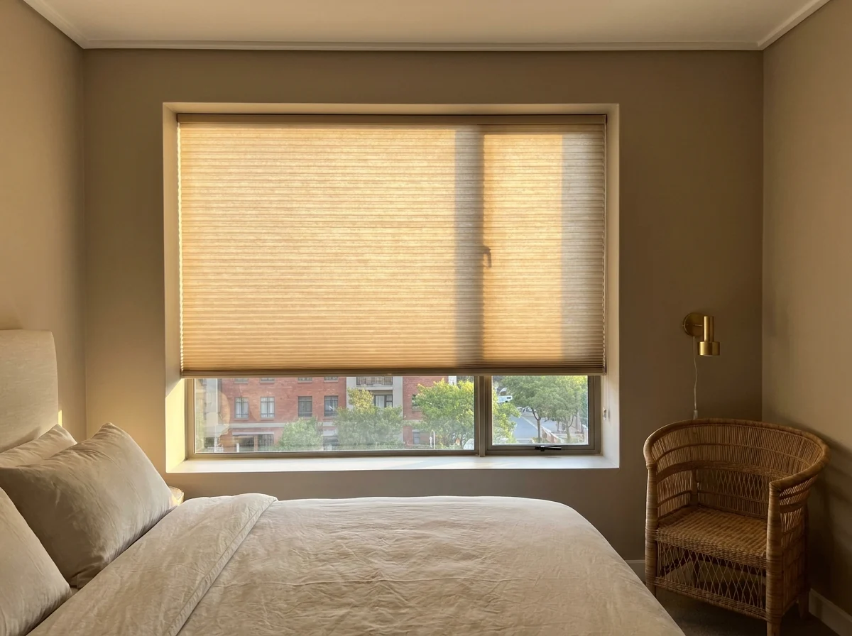 Cellular honeycomb blind insulating a west-facing Melrose Arch bedroom in the late-afternoon sun