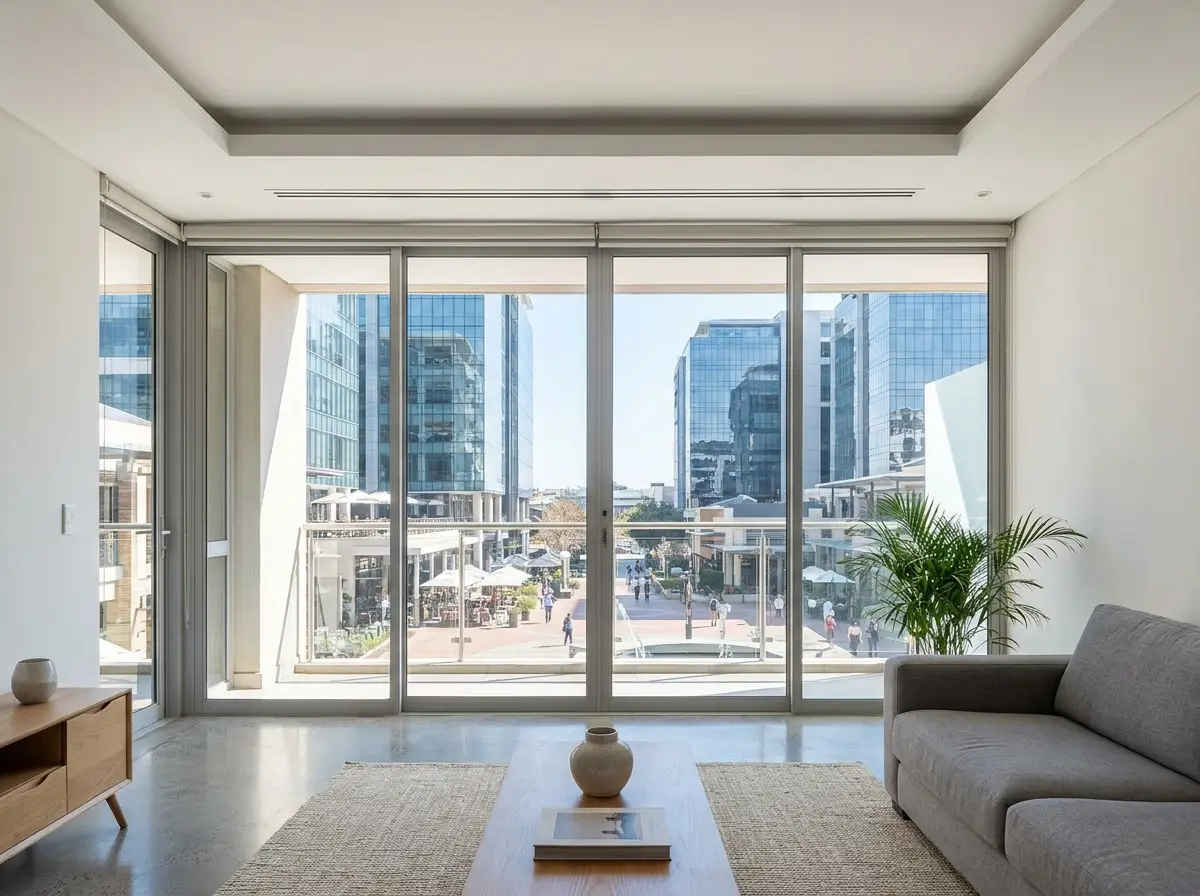 Concealed recessed blind system leaving a Melrose Arch apartment's floor-to-ceiling glass completely clean
