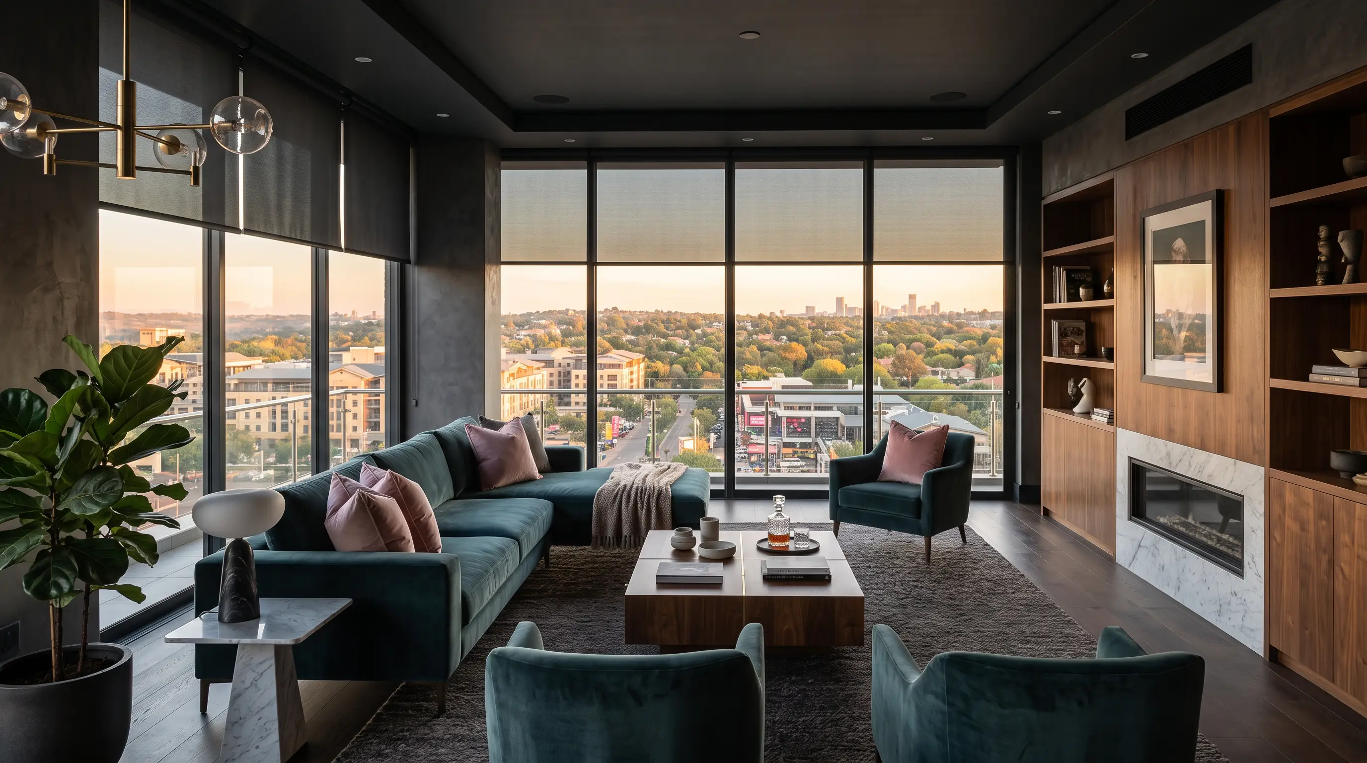 Motorised blinds in a dark-toned Melrose Arch apartment living room at dusk, city-luxe styling with petrol and walnut tones, skyline view through the glass