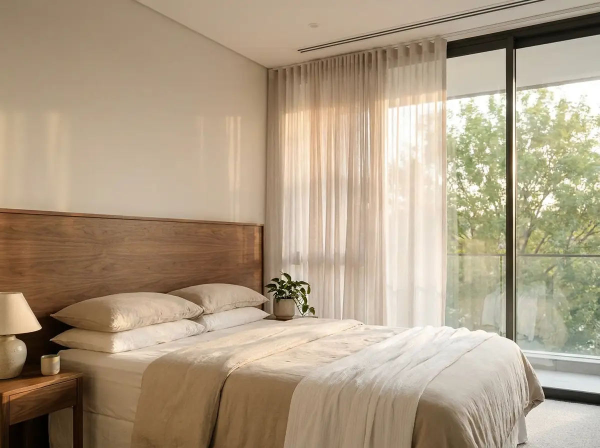 Motorised curtain track with sheer fabric softening morning light in a Melrose Arch bedroom
