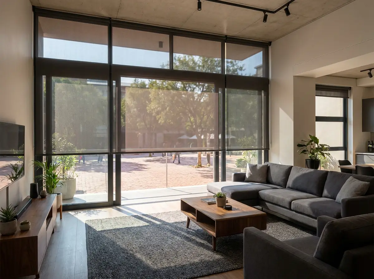 Sunscreen roller blind filtering midday glare in a Melrose Arch living room overlooking the piazza
