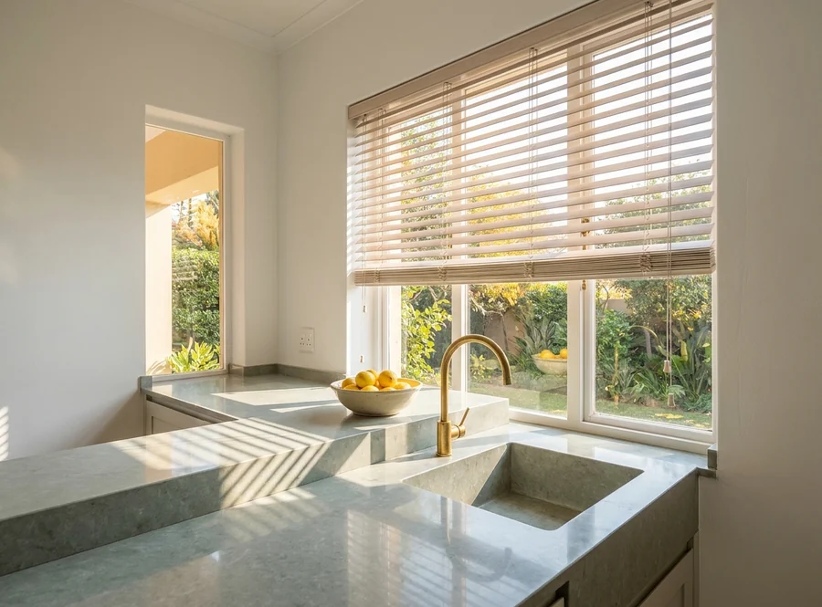 Pale ash timber venetian blinds fitted in a Melrose kitchen window reveal above the sink, slats tilted open to the morning garden