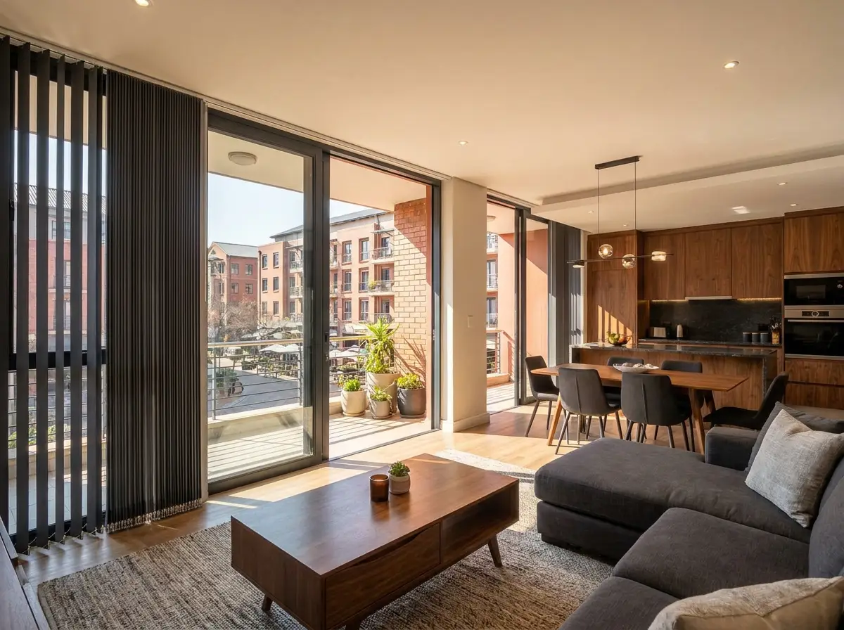 Vertical panel blinds across wide sliding doors in a Melrose Arch living and dining space